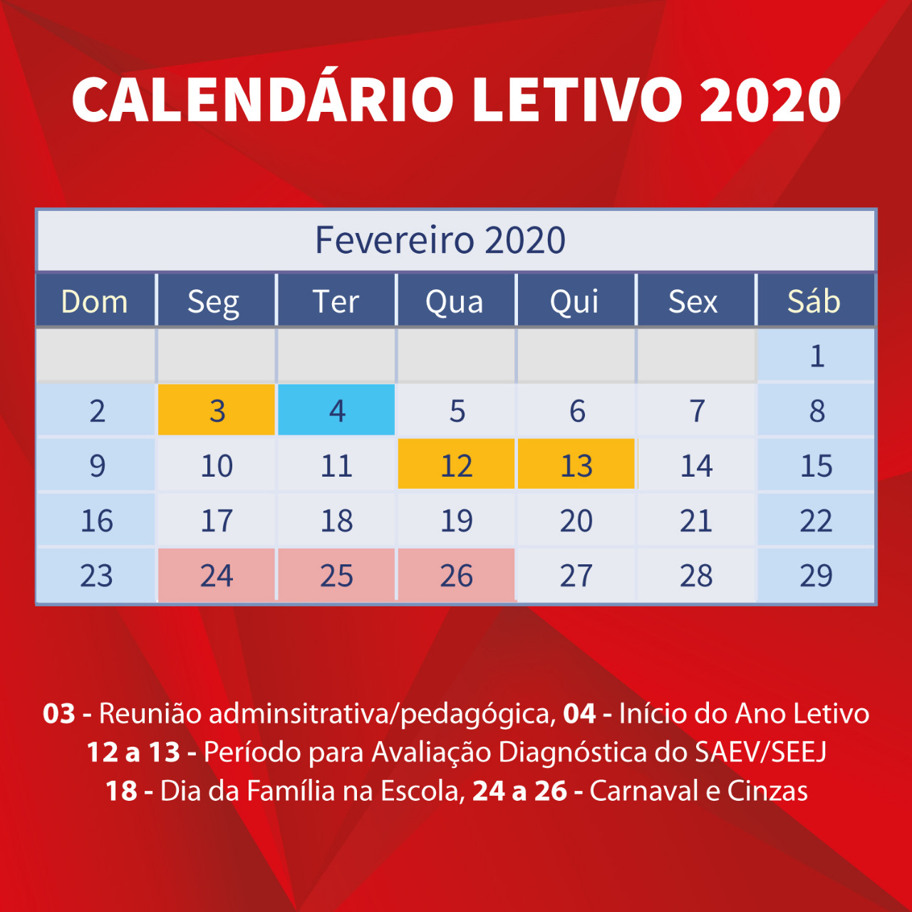 Calendário letivo – Fevereiro 2020